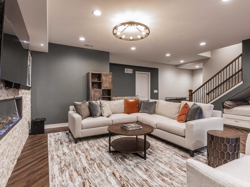 Finished basement with fireplace